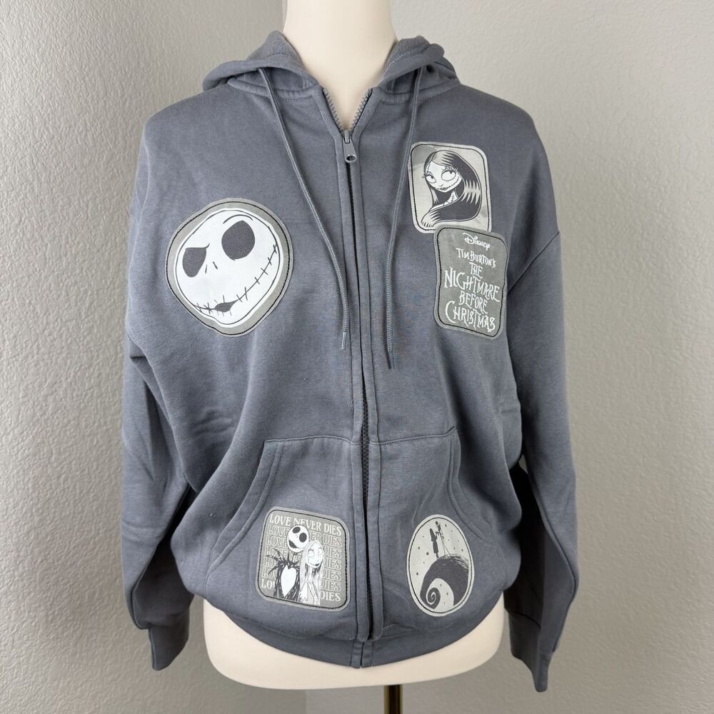 Disney Nightmare Before Christmas Patch Full Zip Hoodie Gray Jack Skellington